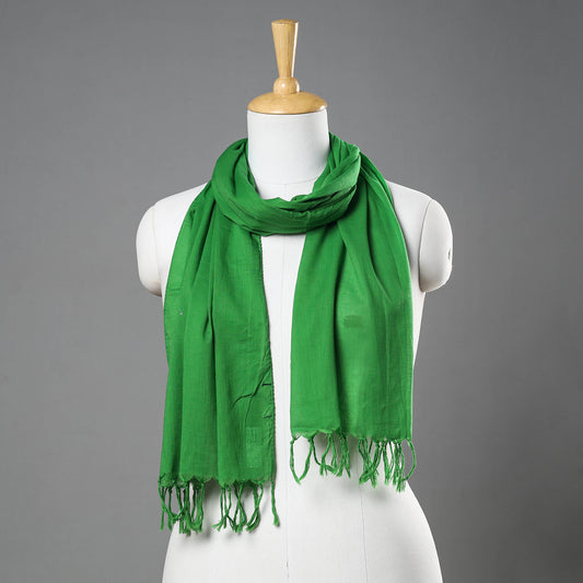 Green - Plain Dyed Cotton Stole with Tassels