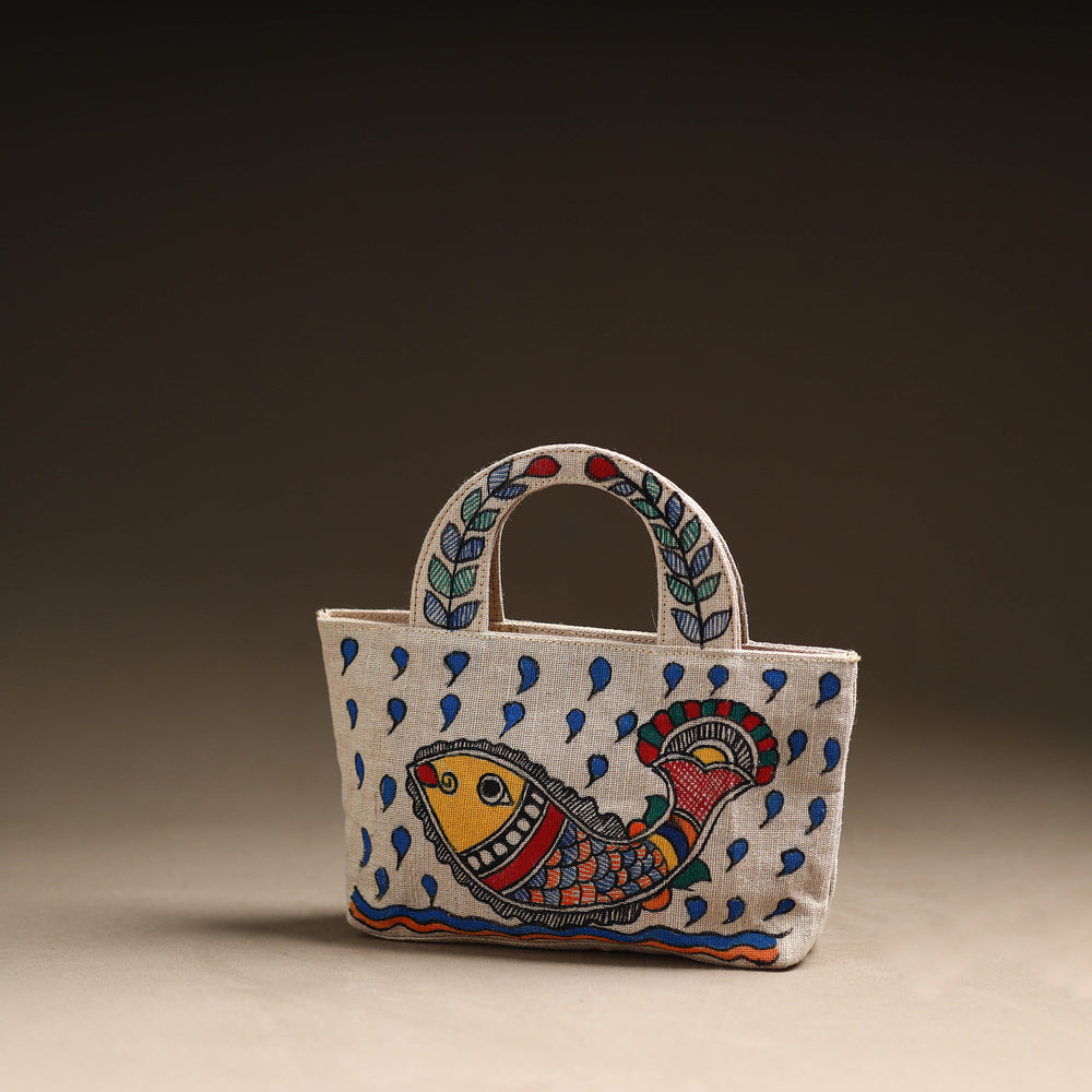 Madhubani Handpainted Jute Cotton Hand Bag 