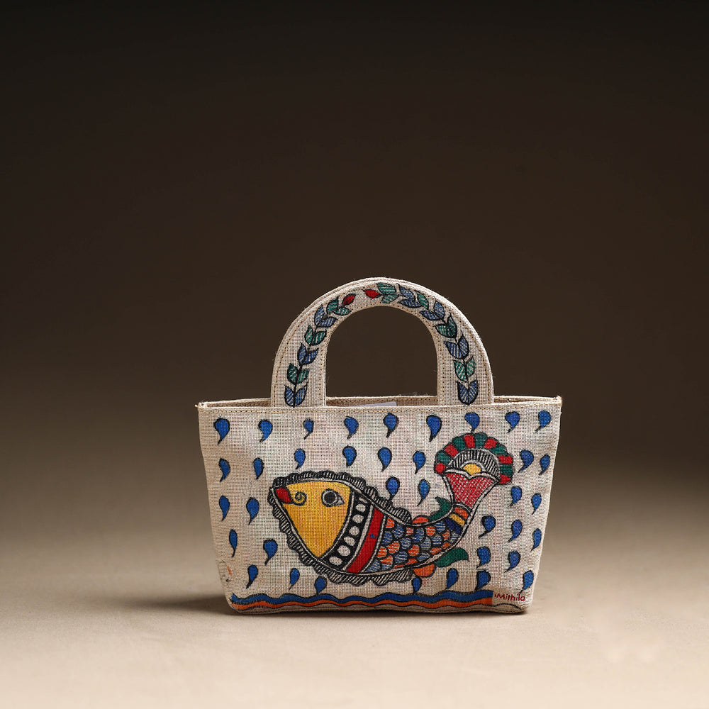 Madhubani Handpainted Jute Cotton Hand Bag 