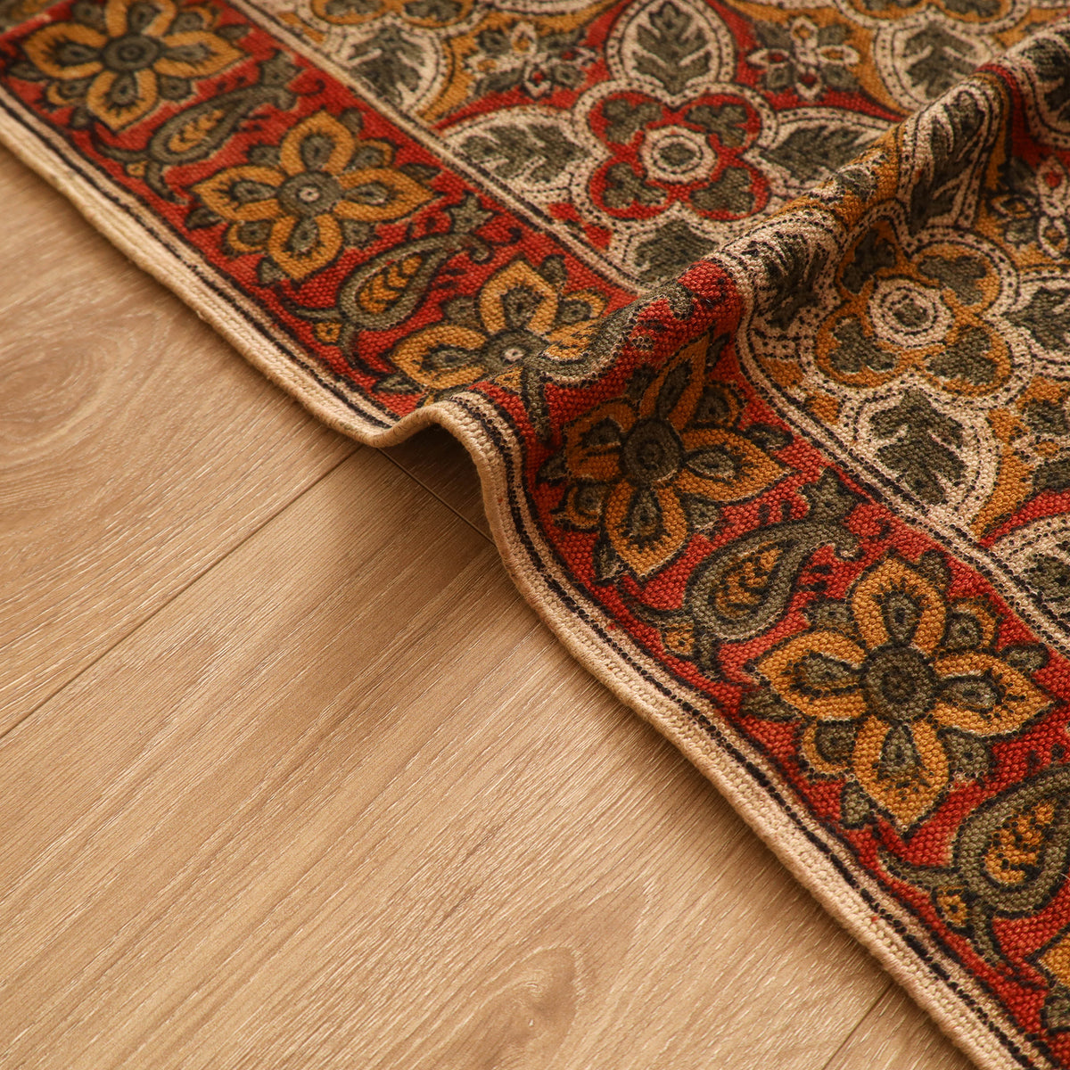 Warangal Handwoven Kalamkari Block Print Cotton Durrie / Carpet / Rug (4 x 6 Feet) 26