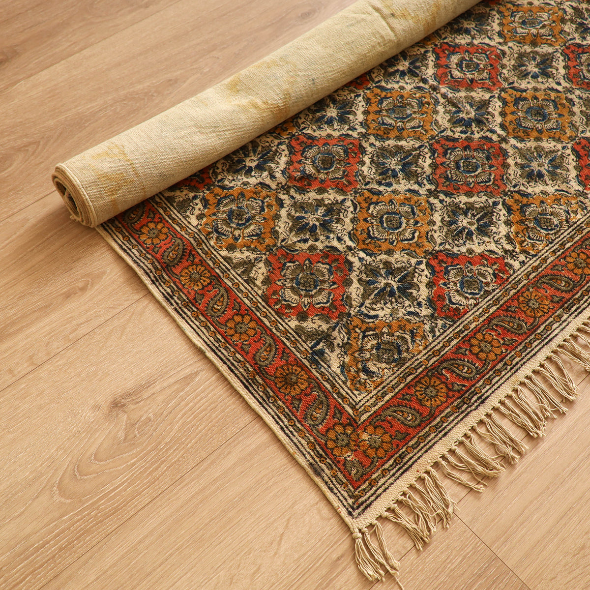 Warangal Handwoven Kalamkari Block Print Cotton Durrie / Carpet / Rug (4 x 6 Feet) 27