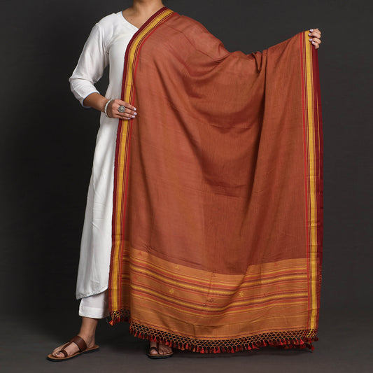 Brown - Kutch Bhujodi Weaving Handwoven Kala Cotton Dupatta with Tassels
