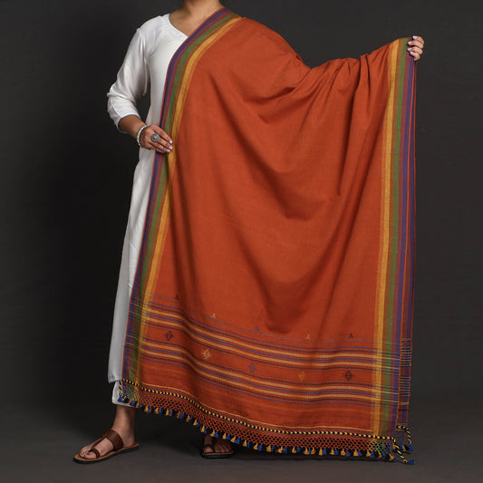 Orange - Kutch Bhujodi Weaving Handloom Organic Kala Cotton Dupatta with Tassels