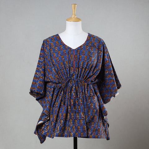 Blue - Bagru Block Printed Cotton Kaftan with Tie-Up Waist (Short)