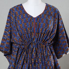 Blue - Bagru Block Printed Cotton Kaftan with Tie-Up Waist (Short)