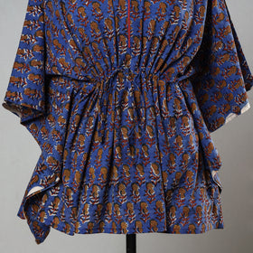 Blue - Bagru Block Printed Cotton Kaftan with Tie-Up Waist (Short)