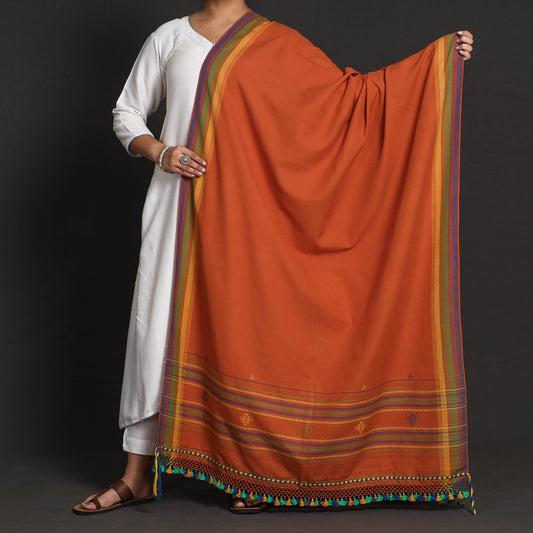 Orange - Kutch Bhujodi Weaving Handloom Organic Kala Cotton Dupatta with Tassels