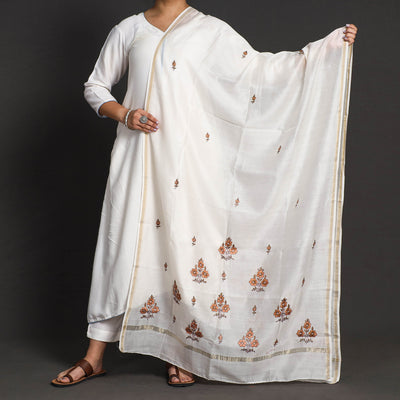 White - Kashidakari Hand Embroidery Chanderi Silk Dupatta with Zari Border