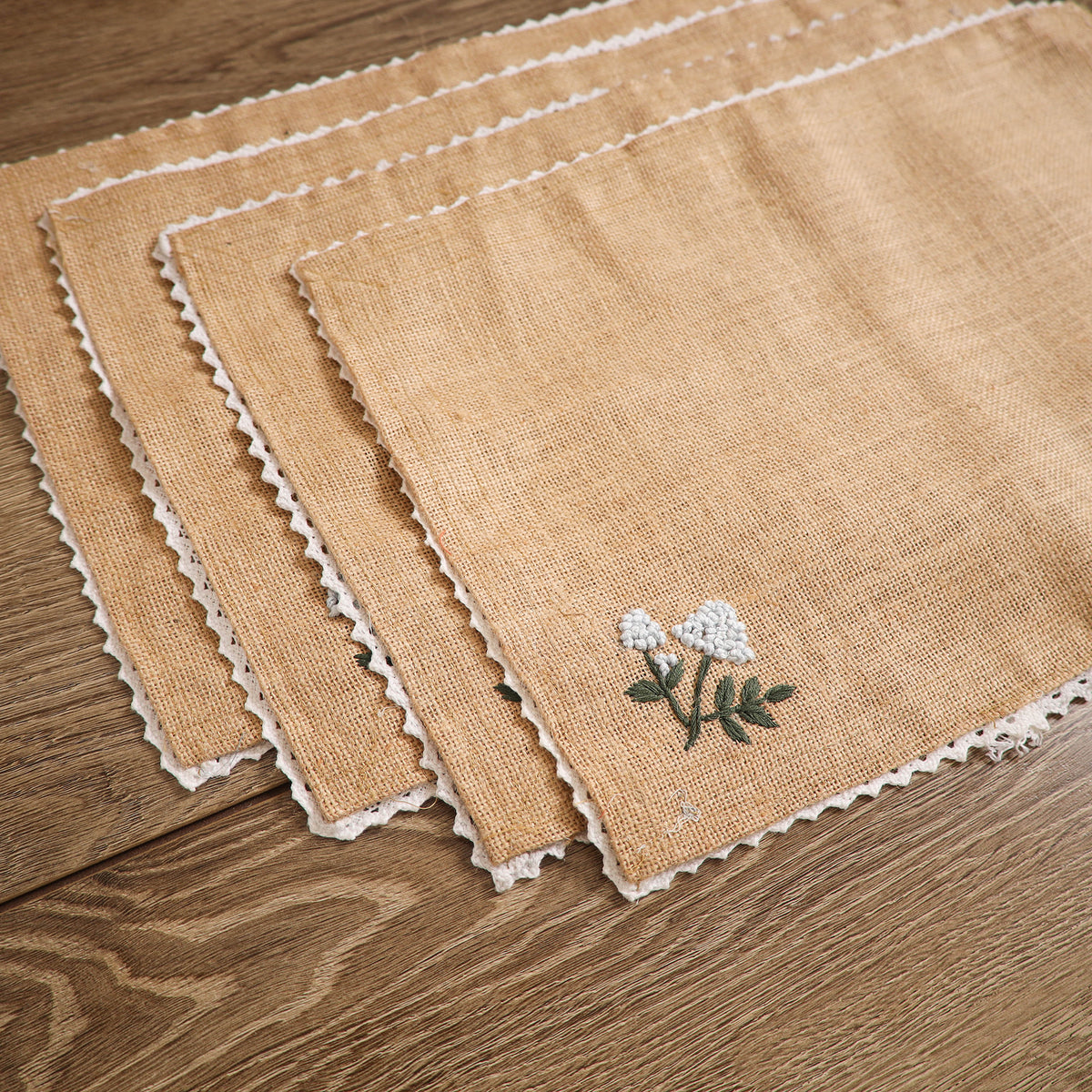 Hydrangea Hand Embroidered Jute Table Mat (Set of 4)