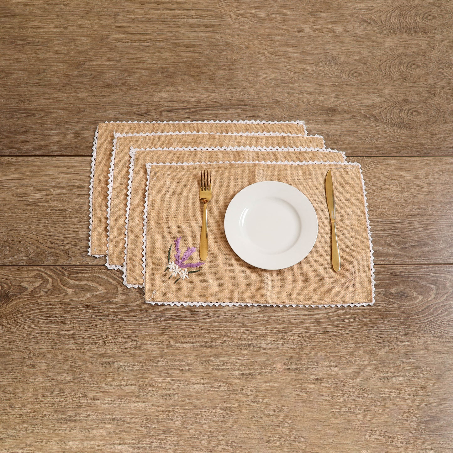 Lavender Hand Embroidered Jute Table Mat (Set of 4)