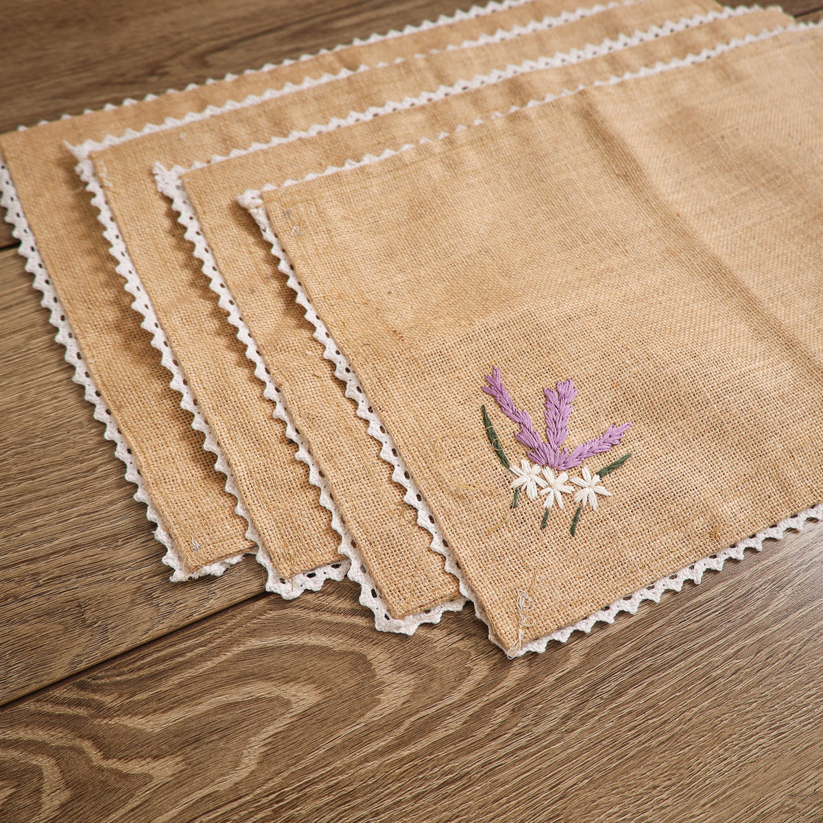 Lavender Hand Embroidered Jute Table Mat (Set of 4)