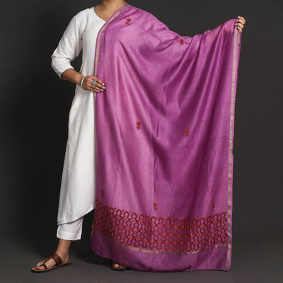 Purple - Kashidakari Hand Embroidery Chanderi Silk Dupatta with Zari Border