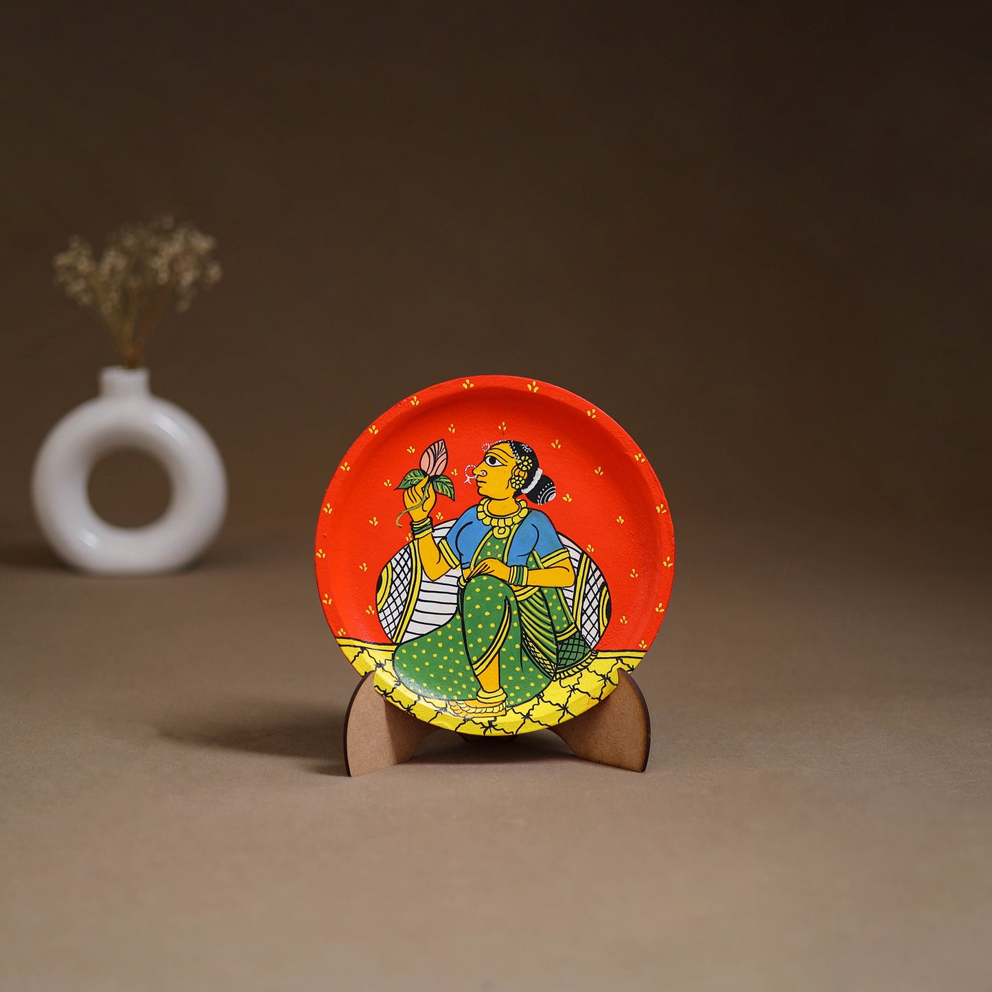Cheriyal Handpainted Wooden Wall Plate with Stand 73