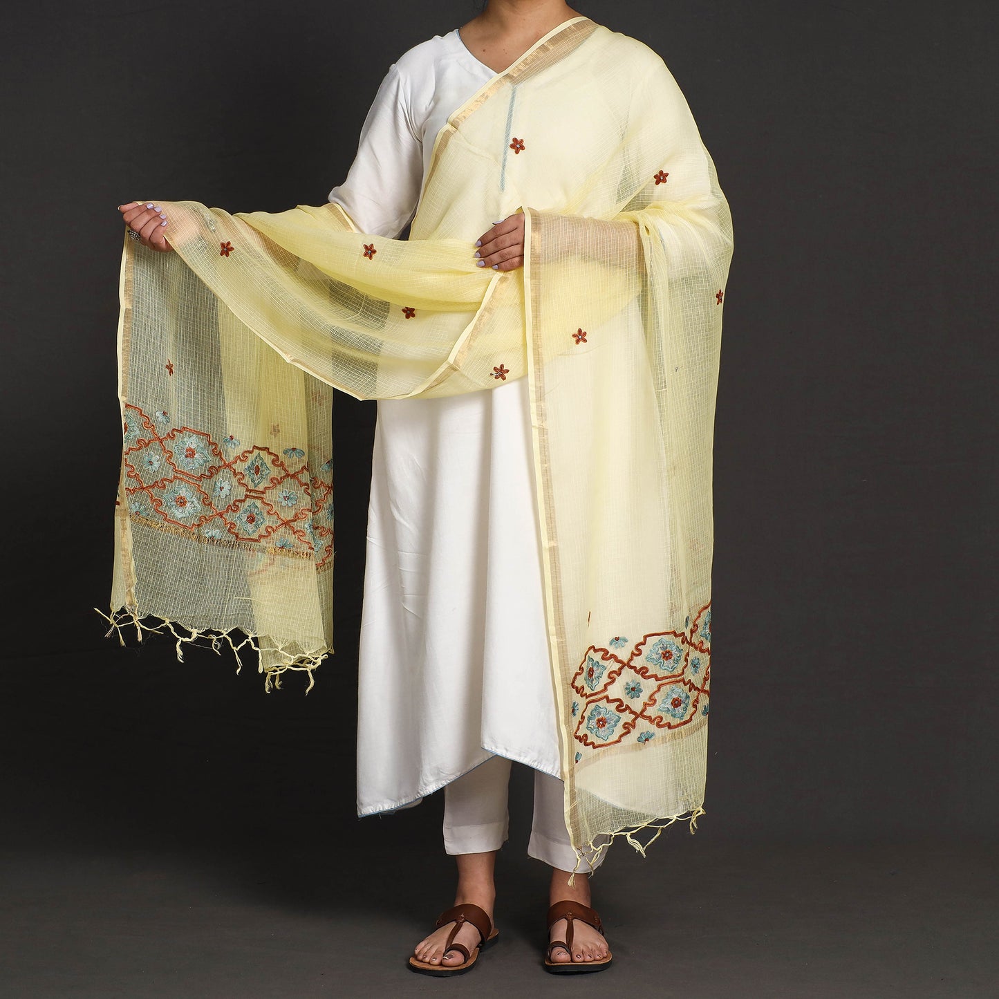 Yellow - Kashidakari Hand Embroidery Kota Silk Handloom Dupatta with Zari Border