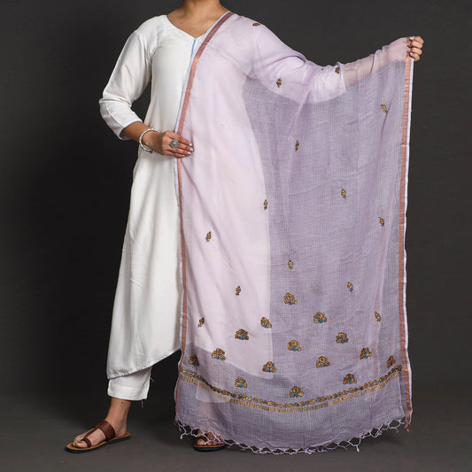 Purple - Kashidakari Hand Embroidery Kota Silk Handloom Dupatta with Zari Border