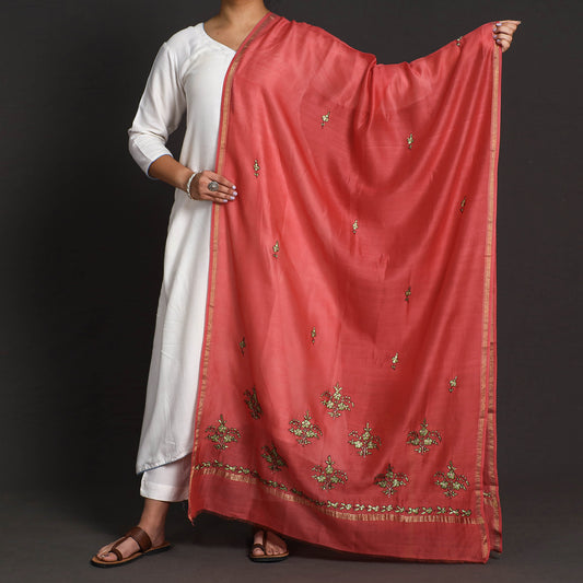 Red - Kashidakari Hand Embroidery Chanderi Silk Handloom Dupatta with Zari Border