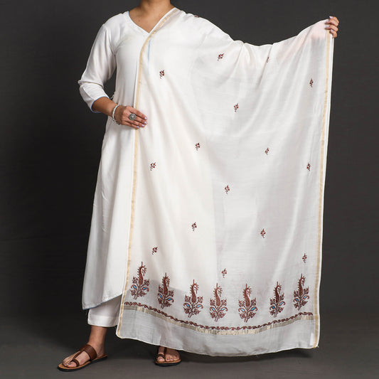 White - Kashidakari Hand Embroidery Chanderi Silk Handloom Dupatta with Zari Border