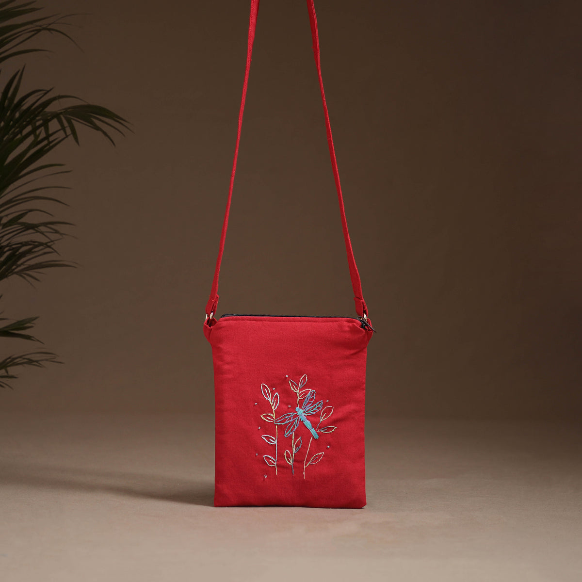 Dragonfly with Leaves Hand Embroidered Sling Bag