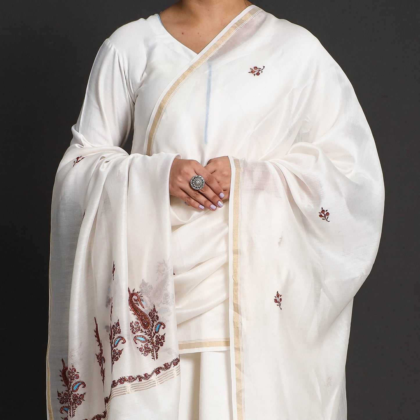 White - Kashidakari Hand Embroidery Chanderi Silk Handloom Dupatta with Zari Border