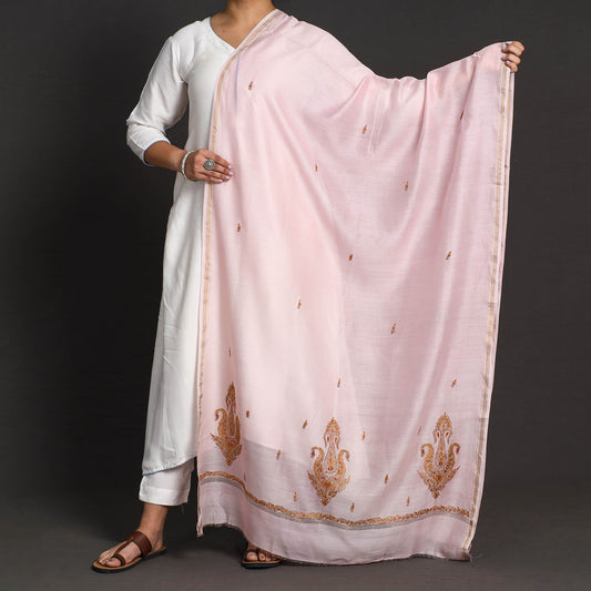 Pink - Kashidakari Hand Embroidery Chanderi Silk Handloom Dupatta with Zari Border