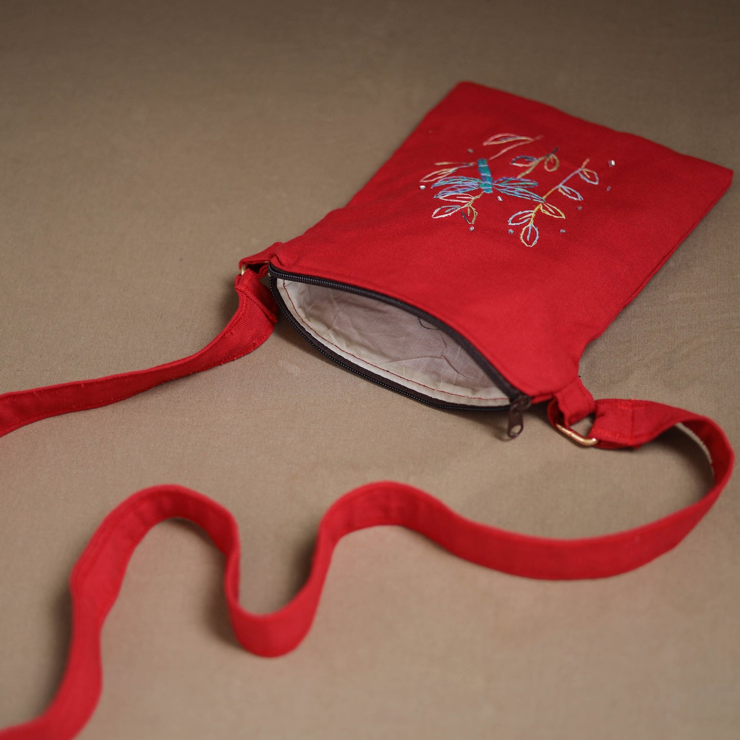 Dragonfly with Leaves Hand Embroidered Sling Bag