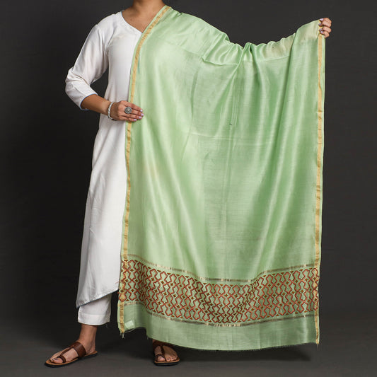 Green - Kashidakari Hand Embroidery Chanderi Silk Handloom Dupatta with Zari Border