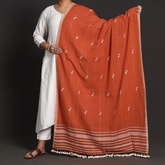 Orange - Kutch Weaving Handwoven Kala Cotton Dupatta with Tassels