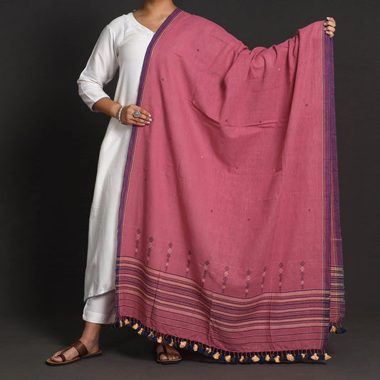 Pink - Kutch Weaving Handwoven Kala Cotton Dupatta with Tassels