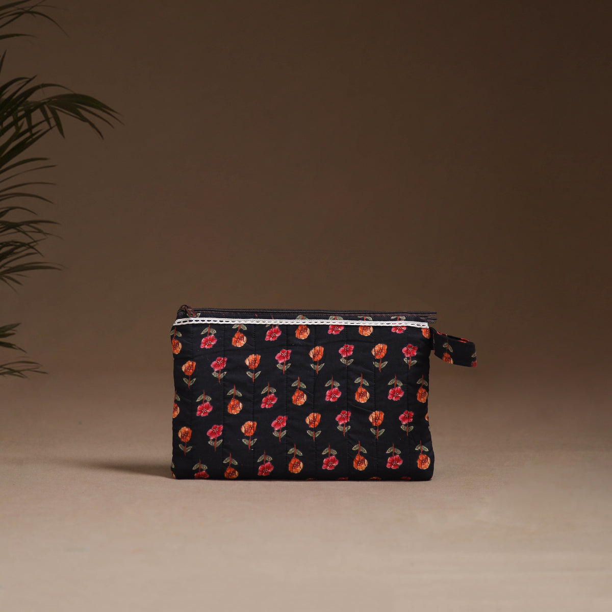 Flower with Bunny Hand Embroidered Printed Quilted Utility Pouch