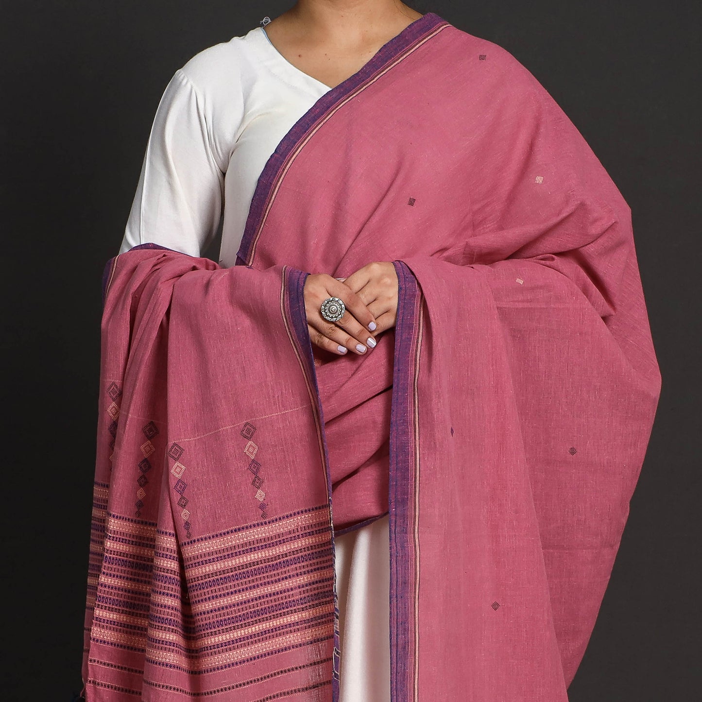 Pink - Kutch Weaving Handwoven Kala Cotton Dupatta with Tassels