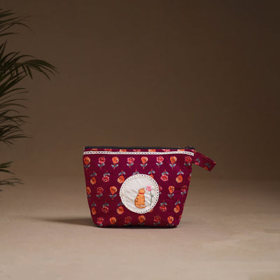 Flower with Cat Hand Embroidered Printed Quilted Utility Pouch