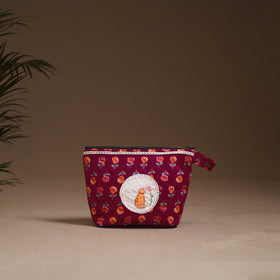 Flower with Cat Hand Embroidered Printed Quilted Utility Pouch