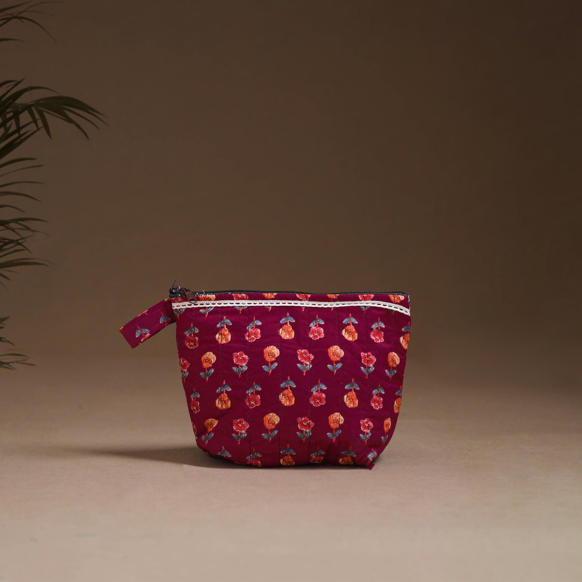 Flower with Cat Hand Embroidered Printed Quilted Utility Pouch