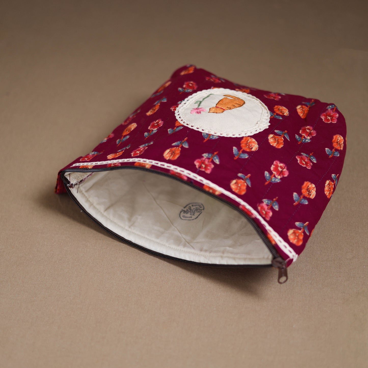 Flower with Cat Hand Embroidered Printed Quilted Utility Pouch