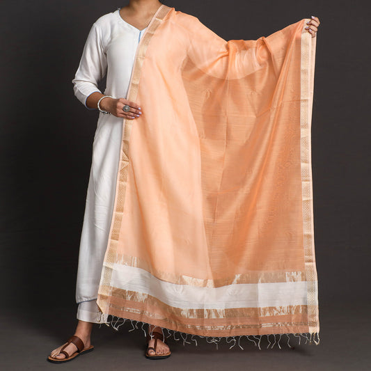 Orange - Traditional Maheshwari Silk Cotton Handloom Zari Work Dupatta