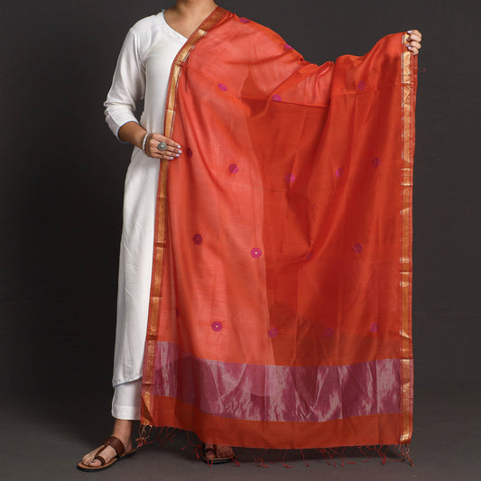 Orange - Traditional Maheshwari Silk Cotton Handloom Buta Zari Work Dupatta with Tassels