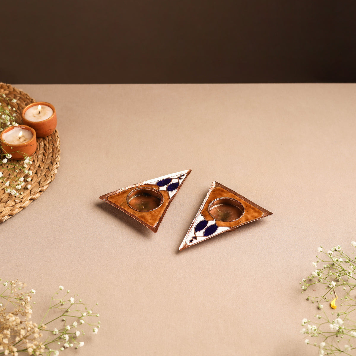 Ekibeki Handcrafted Copper Enamel Tealight Holder Rangoli Brown Triangle (Set Of 2) 05