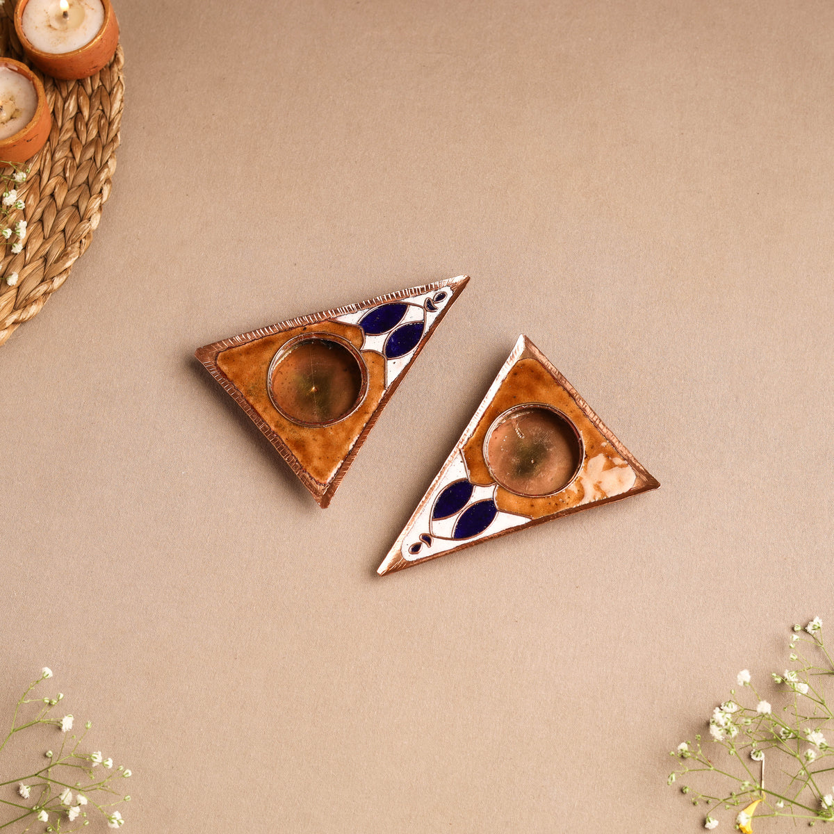 Ekibeki Handcrafted Copper Enamel Tealight Holder Rangoli Brown Triangle (Set Of 2) 05