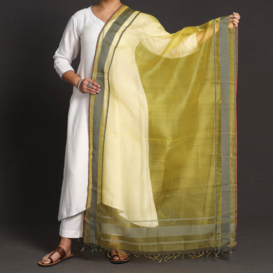Yellow - Traditional Maheshwari Silk Cotton Handloom Buta Zari Work Dupatta with Tassels