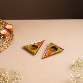 Ekibeki Handcrafted Copper Enamel Tealight Holder Rangoli Parrot Green Triangle (Set Of 2) 04