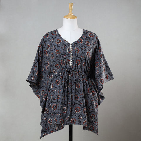 Blue - Bagru Block Printed Cotton Kaftan with Tie-Up Waist (Short)