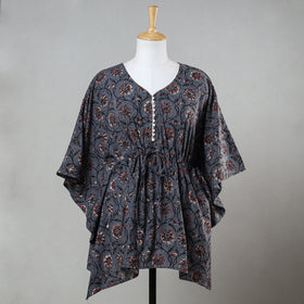 Blue - Bagru Block Printed Cotton Kaftan with Tie-Up Waist (Short)