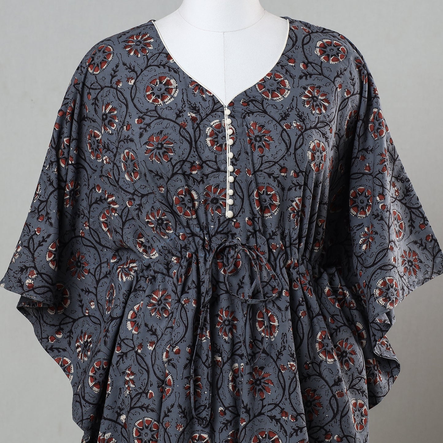 Blue - Bagru Block Printed Cotton Kaftan with Tie-Up Waist (Short)