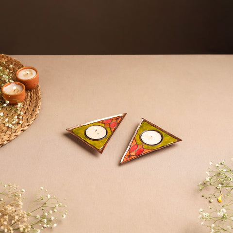 Ekibeki Handcrafted Copper Enamel Tealight Holder Rangoli Parrot Green Triangle (Set Of 2) 04