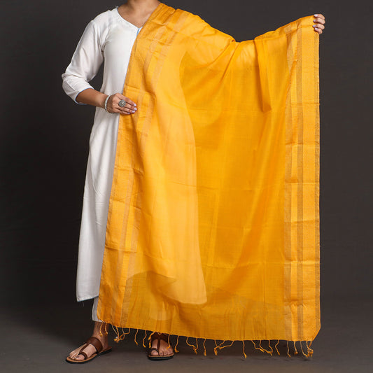 Yellow - Traditional Maheshwari Silk Cotton Handloom Zari Work Dupatta with Tassels