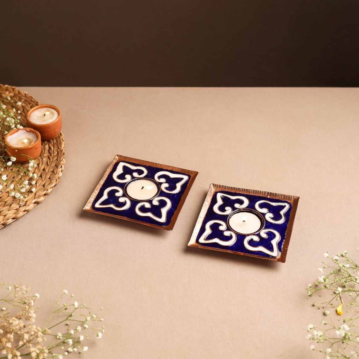Ekibeki Handcrafted Copper Enamel Tealight Holder Rangoli Blue Square (Set Of 2) 03