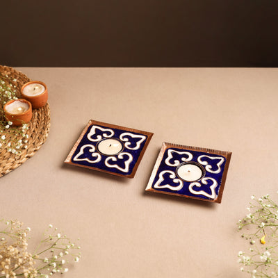 Ekibeki Handcrafted Copper Enamel Tealight Holder Rangoli Blue Square (Set Of 2) 03