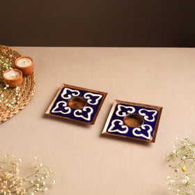 Ekibeki Handcrafted Copper Enamel Tealight Holder Rangoli Blue Square (Set Of 2) 03