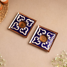 Ekibeki Handcrafted Copper Enamel Tealight Holder Rangoli Blue Square (Set Of 2) 03