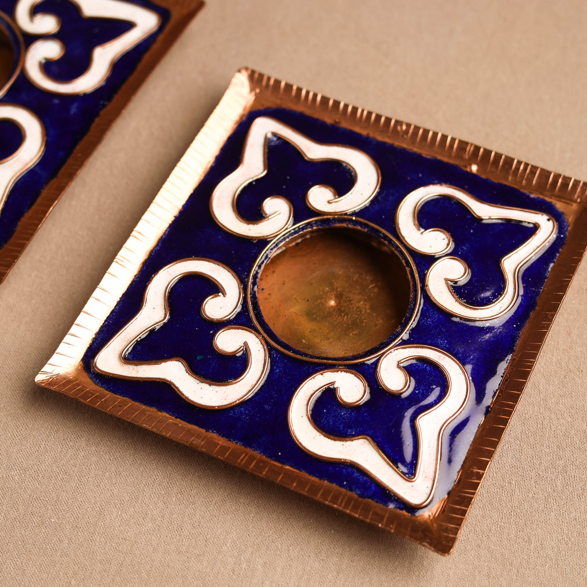 Ekibeki Handcrafted Copper Enamel Tealight Holder Rangoli Blue Square (Set Of 2) 03